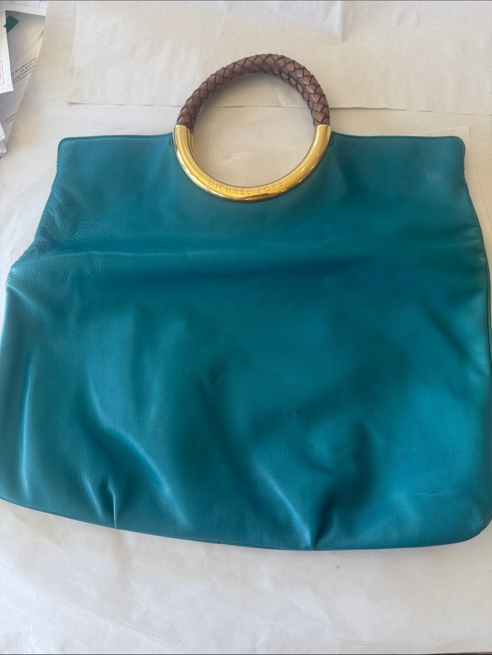 Michael Kors Collection Made In Italy Teal Leather Tote with Braided Handle
